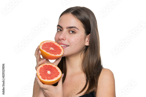 Healthy lifestyle. Skin of beauty woman isolated on white. Beauty woman with grapefruit. Woman fill skin with vitamin. Skincare and diet. Young girl has clean skin. Aids in reducing dark circles