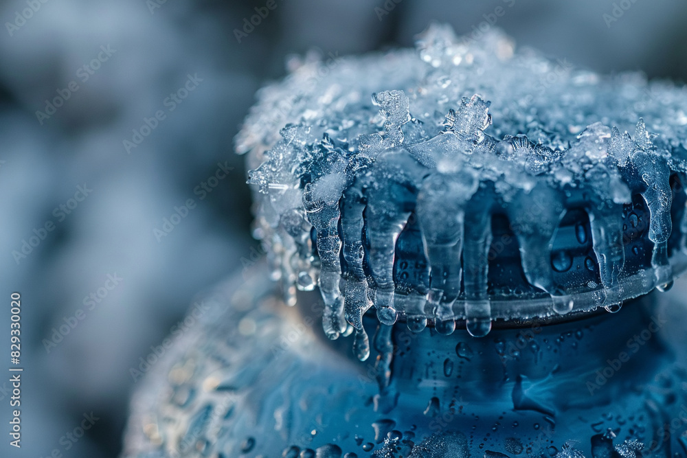 A close-up of frost on a water bottle. A close-up of frost on a water bottle.