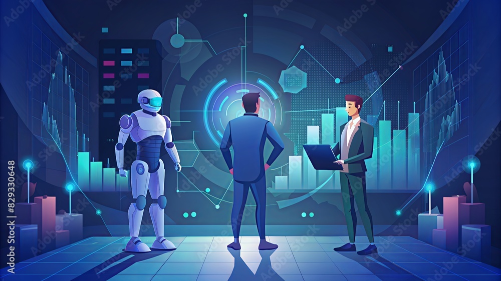 A robot is standing in front of two men, one of whom is holding a laptop A robot is standing in front of two men, one of whom is holding a laptop