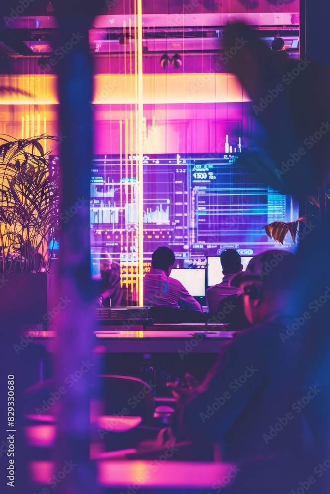 Futuristic Nighttime Crypto Trading Room Scene with Traders Engaged by Neon Blue Screens Futuristic Nighttime Crypto Trading Room Scene with Traders Engaged by Neon Blue Screens