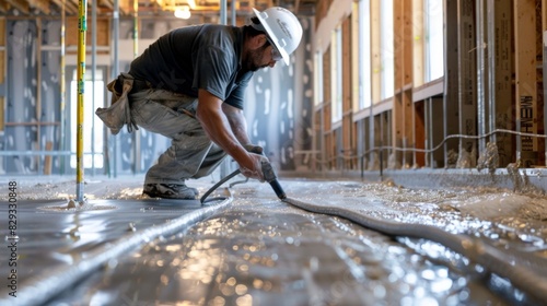 A worker uses a heat gun to seal and secure fireproofing materials around pipes and wiring throughout the building. photo