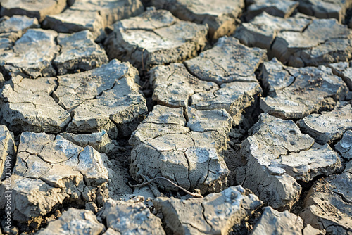 A drought-affected landscape with cracked earth. photo