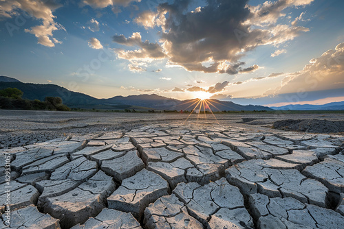 A drought-affected landscape with cracked earth. photo