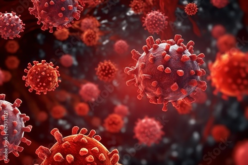 3D render of a medical with virus cells bacteria. Multiple realistic coronavirus particles floating © KaitoDesign