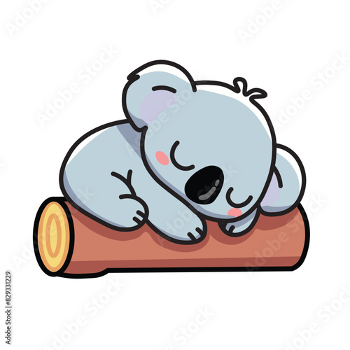 Illustration Vector Graphic Cartoon of a Cute mini koala sleeping on a tree trunk