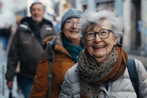 Portrait of a smiling senior woman in glasses and scarf in the city © Chacmool