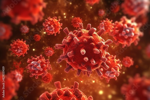 3D render of a medical with virus cells bacteria. Multiple realistic coronavirus particles floating © KaitoDesign