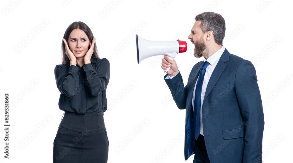businessman shouting on employee in loudspeaker isolated on white. business man has conflict with partner about promotion. businessman solving conflict. Underlying problem. business conflict businessman shouting on employee in loudspeaker isolated on white. business man has conflict with partner about promotion. businessman solving conflict. Underlying problem. business conflict