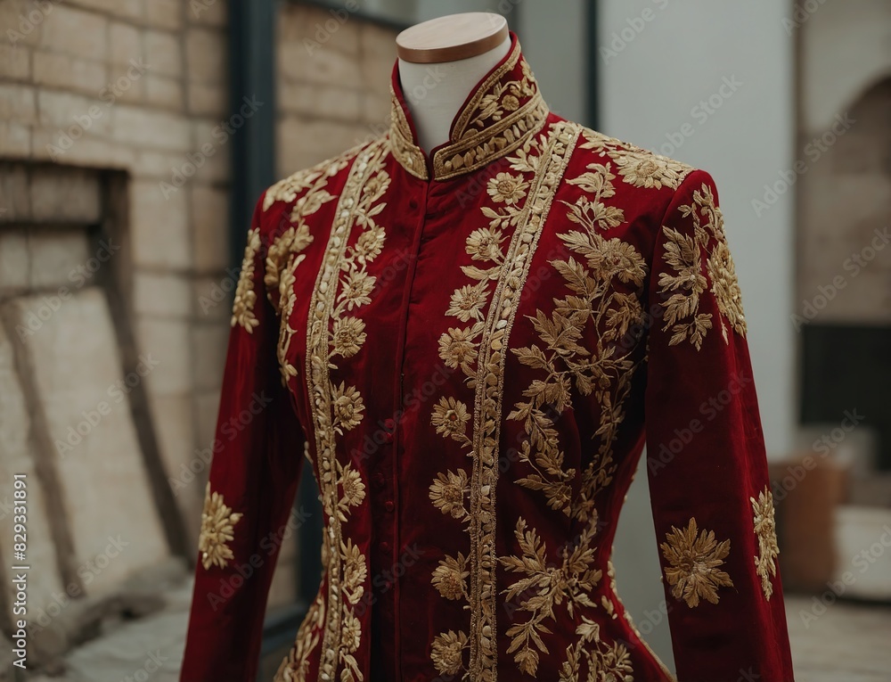 elaborate traditional attire embroidered in crimson and gold elaborate traditional attire embroidered in crimson and gold