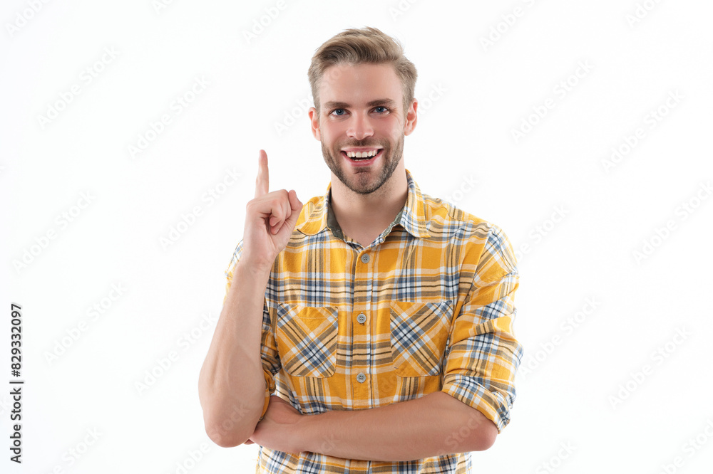 Caucasian casual guy. Man in checkered shirt isolated on white. Stylish man with stylish hairstyle. Trendy male fashion style. Male casual style. Face portrait. Inspired with idea Caucasian casual guy. Man in checkered shirt isolated on white. Stylish man with stylish hairstyle. Trendy male fashion style. Male casual style. Face portrait. Inspired with idea
