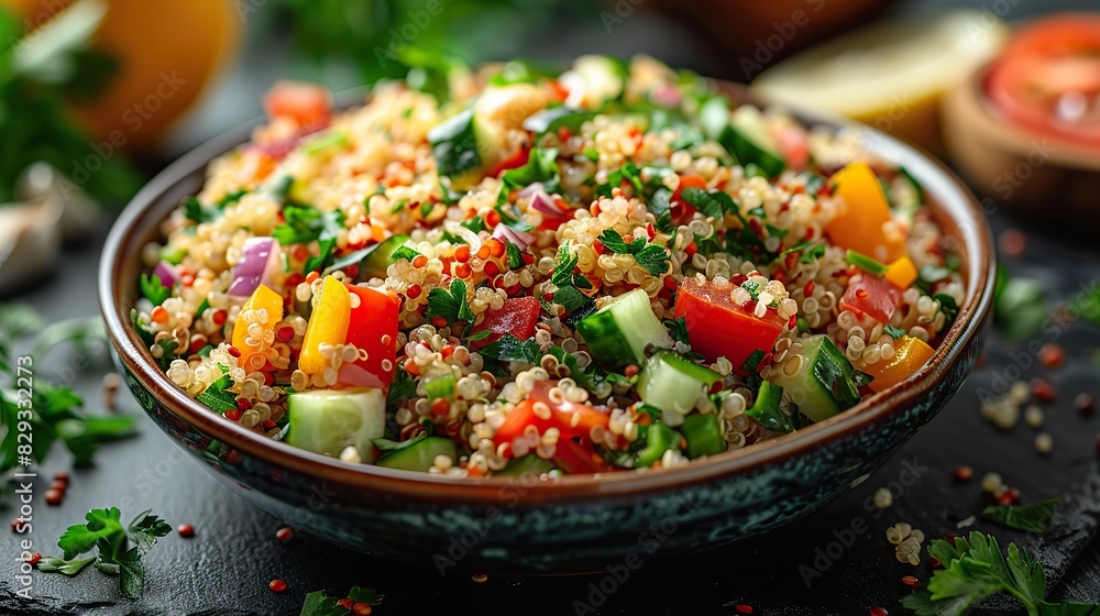A fresh quinoa salad, with vegetables and a lemon dressing. A fresh quinoa salad, with vegetables and a lemon dressing.