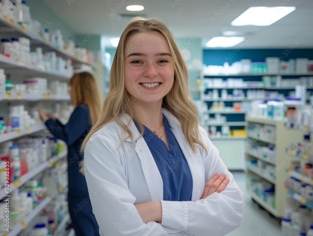 Smiling pharmacist in a white coat stands confidently in a well-stocked pharmacy, symbolizing healthcare and professionalism.