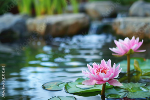 A peaceful pond with blooming lotus flowers. photo