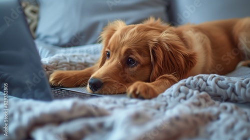 A cute and adorable puppy resting and looking at the screen of a laptop on a bed, bedroom interior. © HikikomorAI