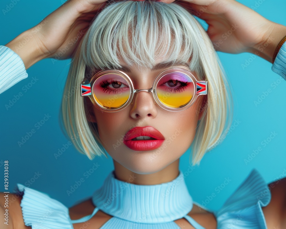 Stylish Young Woman with Blonde Bob Wearing Fashionable Glasses on Blue Background Stylish Young Woman with Blonde Bob Wearing Fashionable Glasses on Blue Background