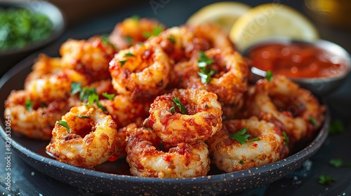 A plate of crispy fried calamari, served with marinara sauce. © Sang