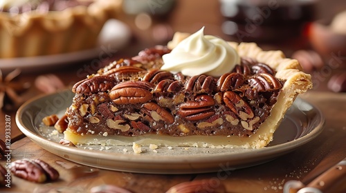 A slice of rich pecan pie, served with a dollop of cream. photo