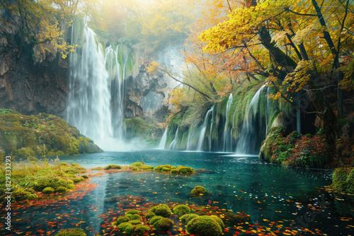 Beautiful waterfall in the forest with green mossy rocks and blue water, in an autumn nature background.