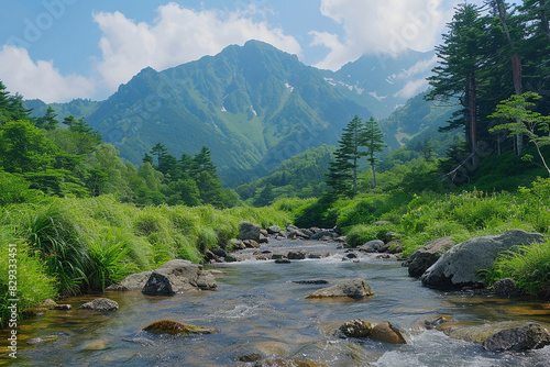 A pristine mountain stream surrounded by greenery.