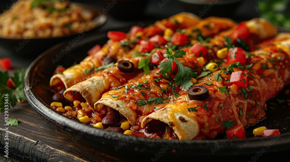 A plate of spicy enchiladas, served with rice and beans. A plate of spicy enchiladas, served with rice and beans.