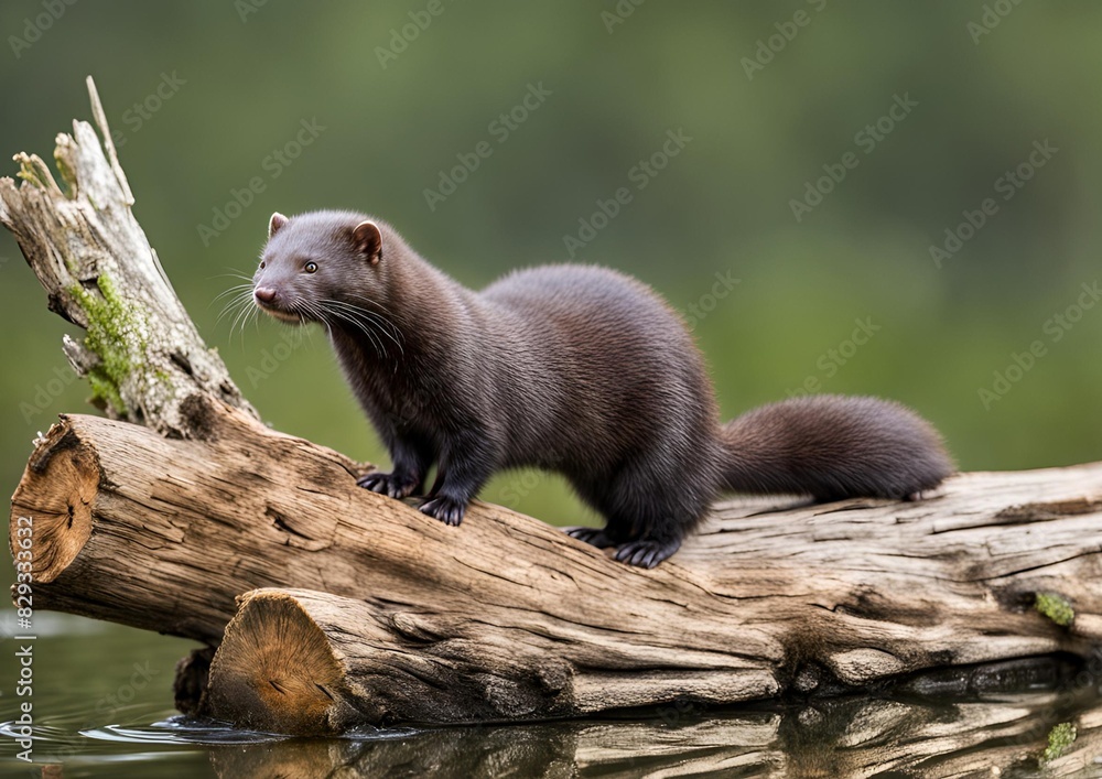 Adult American Mink (Neovison vison) standing on a log with both paws in view. Adult American Mink (Neovison vison) standing on a log with both paws in view.