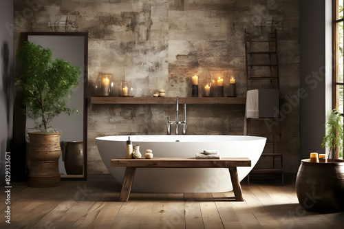 White bathtub in bathroom. Modern ceramic bathtub mirrors with vases and candles provide light at night brown wall in room. Complete with interior accessories with brown wooden floor bathroom walls.
