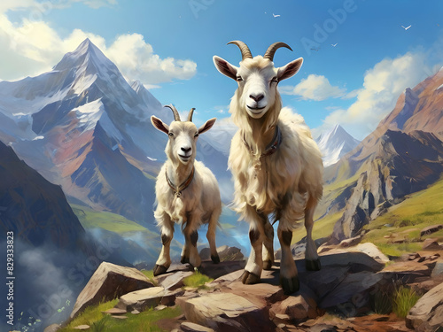 goat on the mountain nature, wild, animals, ram, bighorn, deer, rock,Ai generated  photo