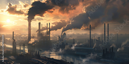 Heavy industry pollutes factory ecology catastrophe Dirty air smog.
 photo