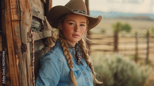 A cowgirl leans against a wooden gate taking a break from a long day of wrangling. Her outfit featuring a denim shirt and a bandana speaks to the simplicity and durability of cowgirl photo