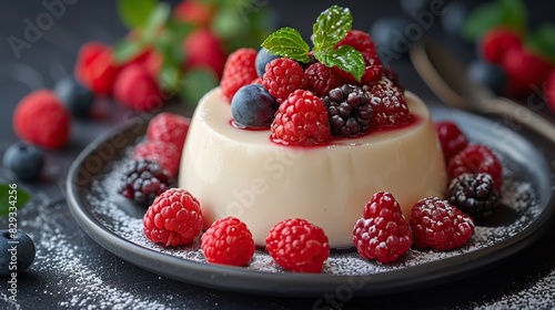A serving of rich panna cotta, topped with fresh berries.