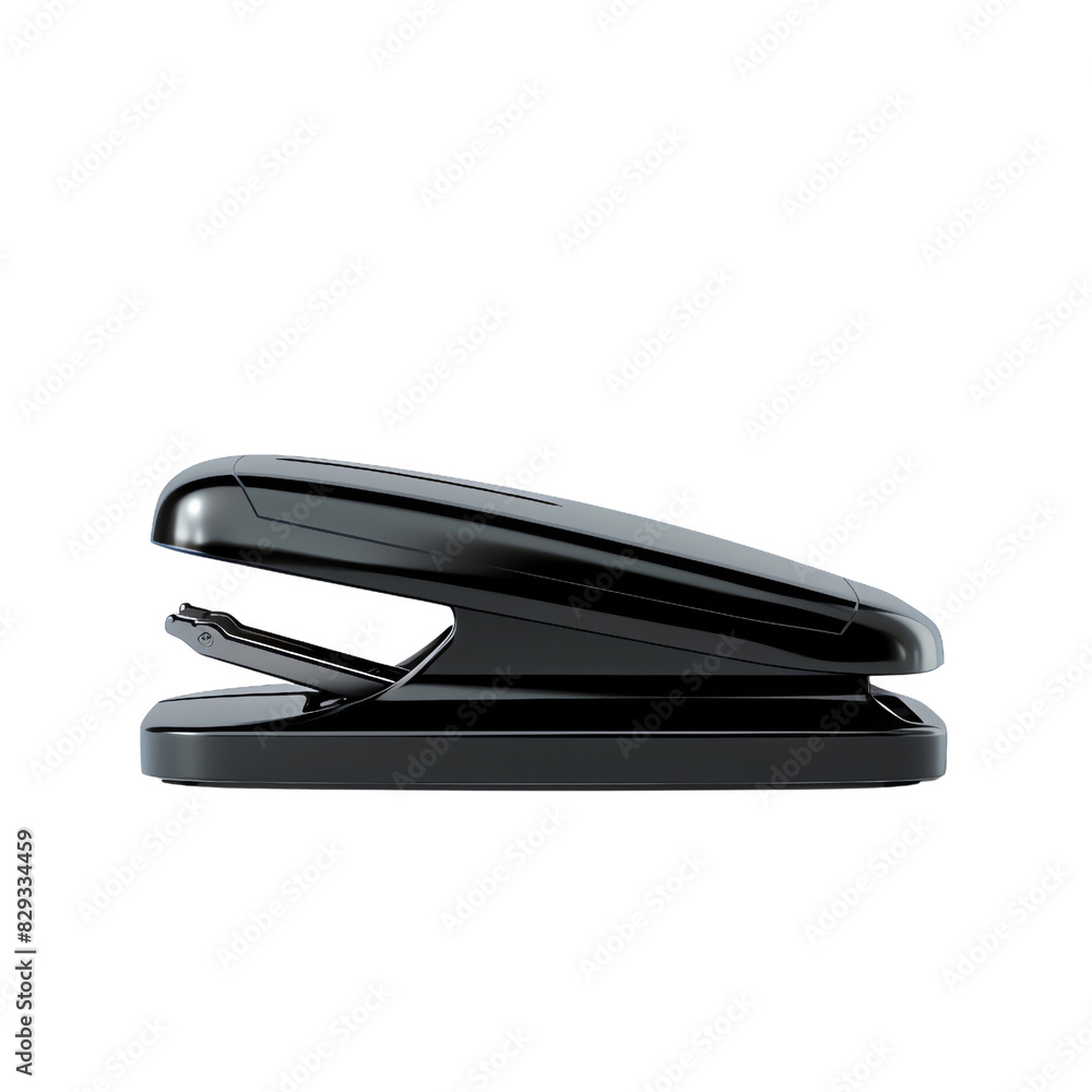 Sleek black desk stapler isolated on transparent background, essential office supply for paper organization and fastening. Sleek black desk stapler isolated on transparent background, essential office supply for paper organization and fastening.