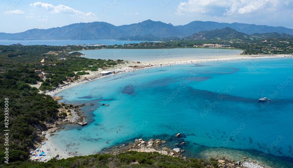 Obraz premium Villasimus, Sardegna. Amazing aerial view of the bay of the beach Porto Giunco, Time Ama, Serr'e Morus. Sea of Sardinia one of the most beautiful in Italy. Summer time
