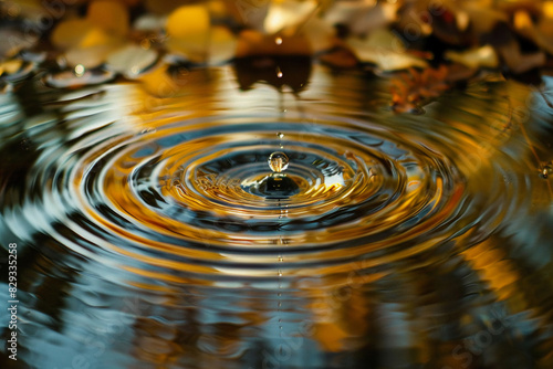 A water droplet creating ripples in a pond.