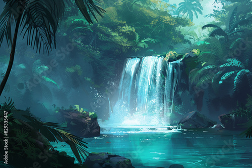 A waterfall in a tropical rainforest.