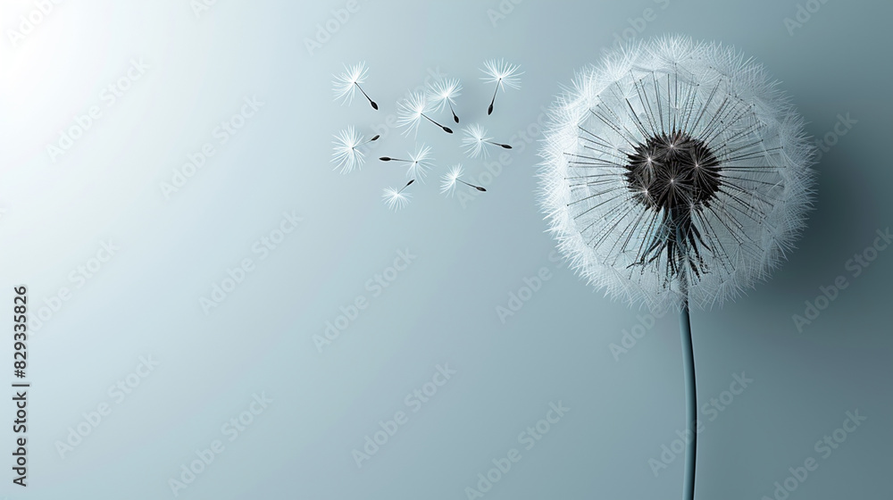 Obraz premium Dandelion Seeds Floating in Breeze Against Light Blue Background