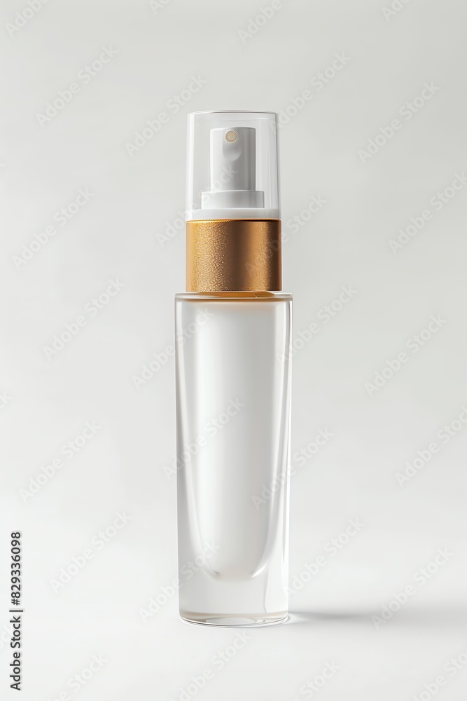 Frosted Cosmetics Packaging Glass Cosmetic Bottle with Champagne color metal Cap, Lotion Pump Head 150ml , white background, contrast photo of stock, place of the text Frosted Cosmetics Packaging Glass Cosmetic Bottle with Champagne color metal Cap, Lotion Pump Head 150ml , white background, contrast photo of stock, place of the text