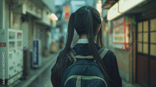 a photograph of an asian girl   long twin pigtail black hair  shot from the back  holding an smart phone