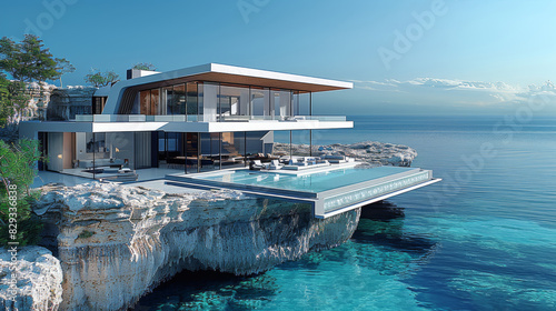 A super modern and minimalistic mansion sits perched on a cliff overlooking the crystal-clear waters of the ocean. The sleek exterior of the home. Generative AI.