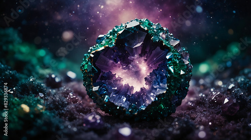 A shimmering geode floats among swirling galaxies in a crystal-clear night sky filled with vibrant hues of amethyst, sapphire, and emerald. photo