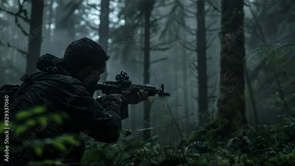 A soldier who is scouting and aiming at the enemy in the middle of a dark and foggy forest A soldier who is scouting and aiming at the enemy in the middle of a dark and foggy forest
