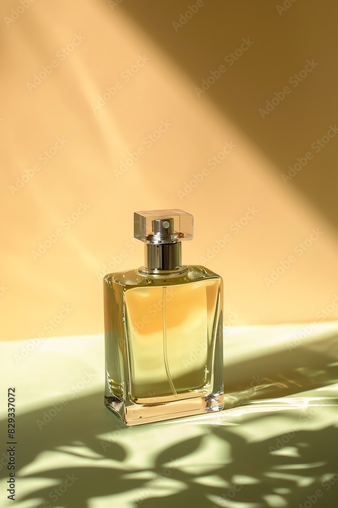 photograph, productive view, cylinder podium with perfume, solid cream background, mockup product, photograph, productive view, cylinder podium with perfume, solid cream background, mockup product,