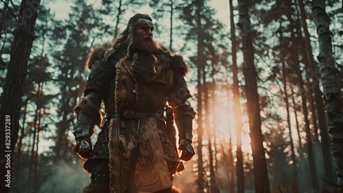 A Viking warrior stands in a forest at sunset, clad in traditional attire