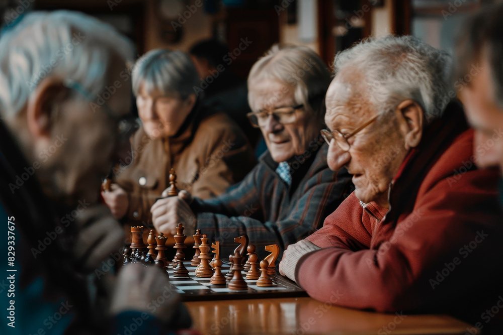 A group of elderly friends enjoying a game of chess in a cozy indoor setting.