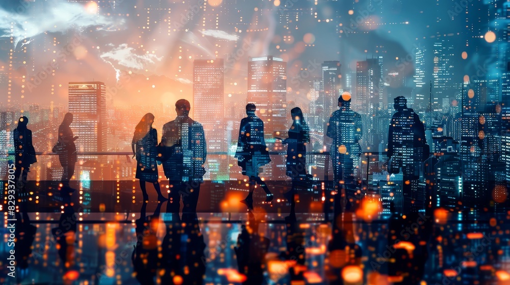 Business, Finance and Investment Concepts: The future of digital technology, Double exposure of business people and city landscape Business, Finance and Investment Concepts: The future of digital technology, Double exposure of business people and city landscape