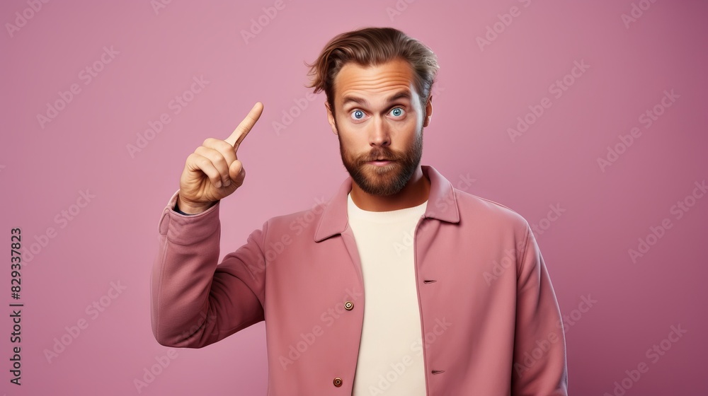 Man making funny face while pointing finger up isolated over pink background. Man making funny face while pointing finger up isolated over pink background.
