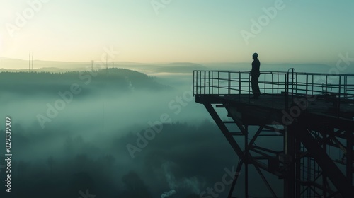 A construction worker stands on an elevated platform, overseeing a foggy industrial site, ensuring safety and project progress. AIG41