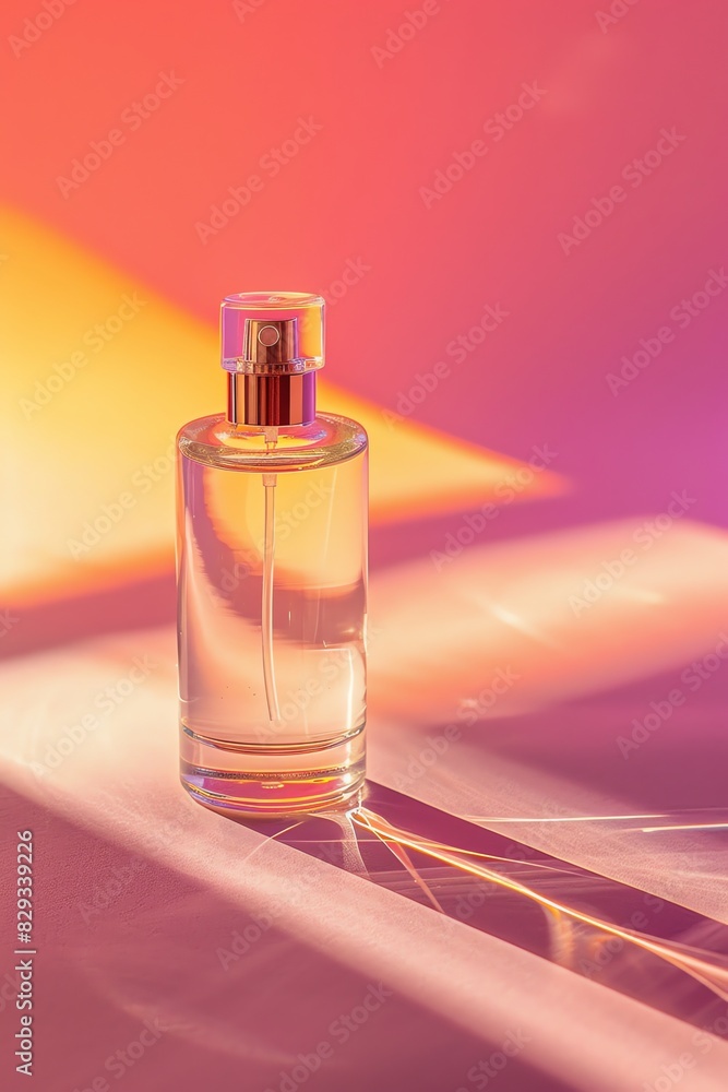 photograph, productive view, cylinder podium with perfume, solid cream background, mockup product, photograph, productive view, cylinder podium with perfume, solid cream background, mockup product,