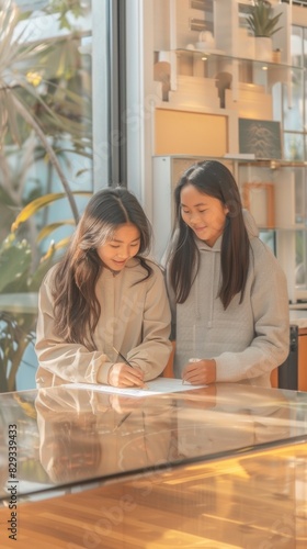 Asian Mother and Teen Daughter Engage in Neurographic Art at Home, Emphasizing Connection and Creativity in a Minimalist Setting