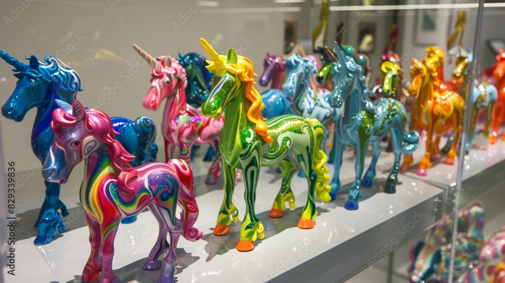 A collection of colorful plastic horses each one with its own unique markings and poses adds a touch of whimsy to the exhibit.