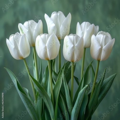 White tulips on a green background. Bouquet of flowers.